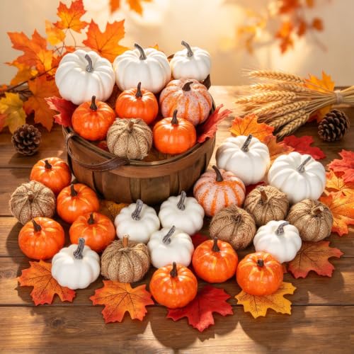 DearHouse 80Pcs Artificial Pumpkins Maple Harvest Fall Decoration, 30Pcs Fall Pumpkins and 50Pcs Maple Leaves for Autumn Thanksgiving Harvest Home Decor