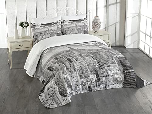 ABAKUHAUS New York Set Copriletto Trapuntato, Paesaggio urbano di Manhattan, Decorativo, 2 Pezzi con 1 Federa Cuscino, 170 x 220 cm, Grigio