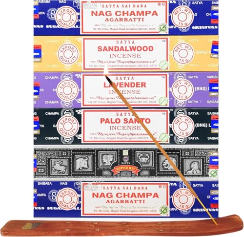NALE. Incienso Nag Champa Pack 72 Sticks + Quemador Incienso – Aromaterapia   Limpieza Energética de Ambientes: Palo Santo – Lavanda – Sándalo – Agarbatti – Super Hit (Pack 6)