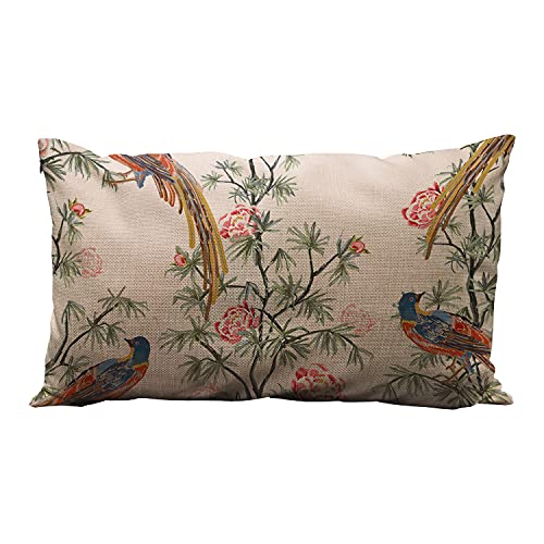 Wozukia Birds Decorative Throw Pillow Cover Beautiful Exotic Chinoiserie Vintage Rose Trees Palms Flowers Birds Floral Border Pink Lumbar Pillow Cases Oblong 12X20 Inches Cotton Linen Cushion Covers #TOP23