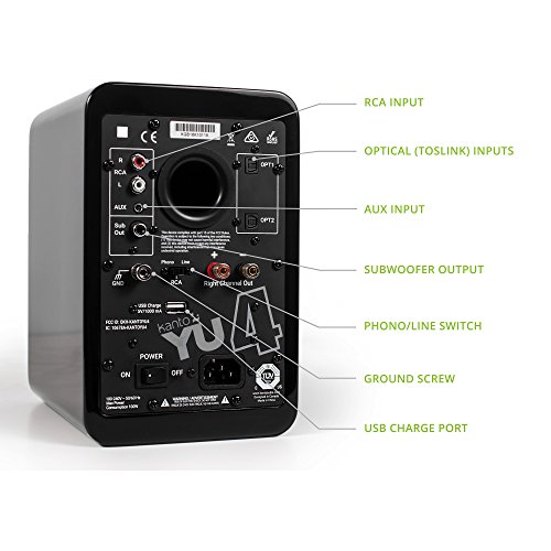 Image of Kanto YU4GB Powered Speakers with Bluetooth and Built-in Phono Preamp | Auto Standby and Startup | Remote Included | 140W Peak Power | Pair | Gloss Black