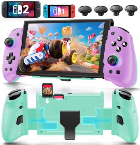 Image of OIVO Switch 1 /2 Controller for Original /OLED /Switch 2 Console, Stretchable Switch Handheld Joypad Ergonomic Grip for NS Pro Controller with RGB Light, TMR Joystick, Turbo, 4 Macro, Purple & Green