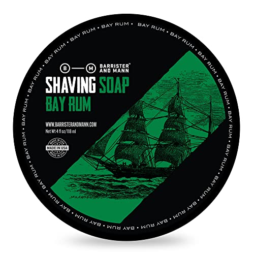Barrister and Mann Shaving Soap | Luxury Dense, Rich & Creamy Lather Tallow Wet Shave Puck Infused Black Strap Rum & West Indie Bay, Sweet Orange, Cinnamon | Grooming Routine for Men 4 Oz (Bay Rum)