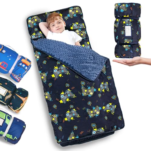 Image of Primlect Thickened Toddler Nap Mat with Removable Pillow and Minky Blanket, Extra Large 55''x35'' Sleeping Bag, Washable, Roll up, Perfect for Daycare, Preschool, Kindergarten, Boys and Girls