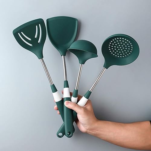 JIAMEI - Juego de 4 utensilios de cocina de silicona antiadherentes utensilios de cocina con mango de acero inoxidable