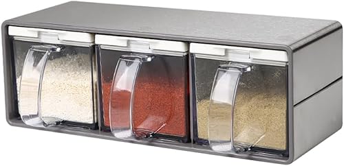 Miniatura 9 de Recipiente de sal con tapa y cuchara, estante transparente para condimentos, macetas de especias, caja de condimentos de 3 piezas para el hogar,