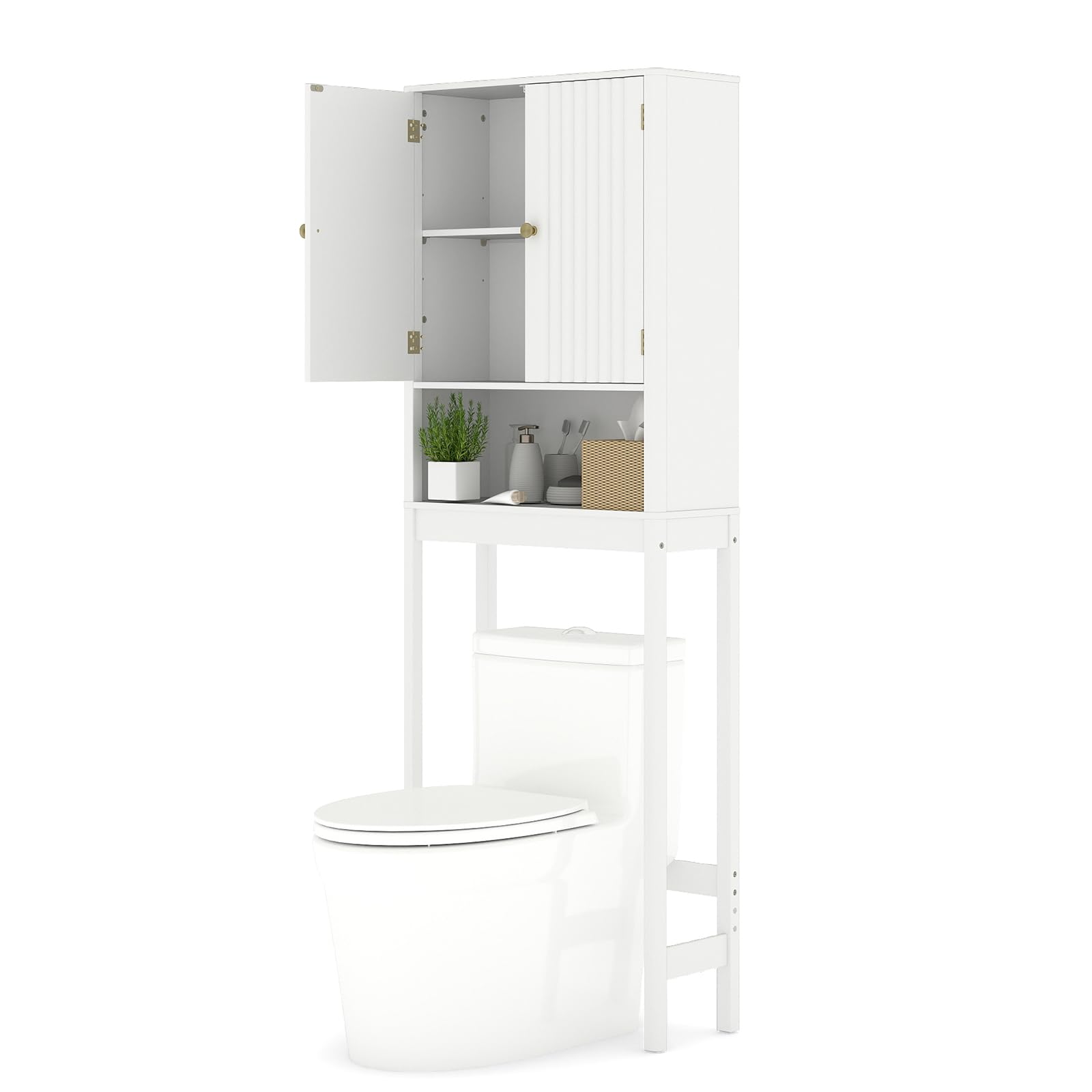 GIANTEX Toilettenregal, Regal über Toilette mit verstellbaren Regalen, Toilettenschrank mit 2Türen & offener Ablage, 60 × 23 × 168 cm, platzsparend Überbauschrank für Badezimmer & Waschküche (Weiß)