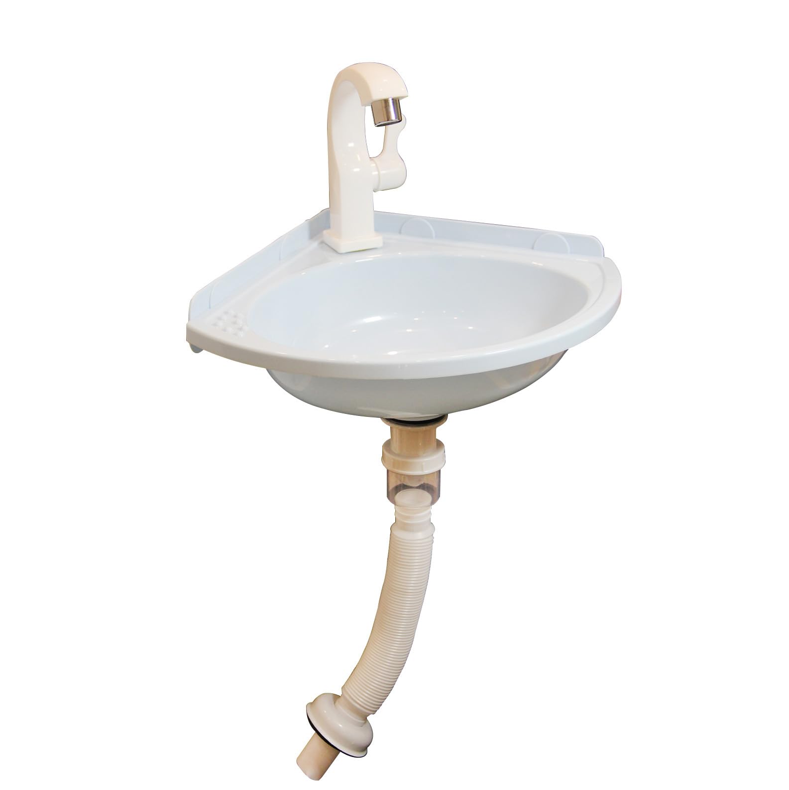 Lavabo angolare per montaggio a parete, 27,5 x 27,5 x 10 cm, in plastica, bianco, con scarico