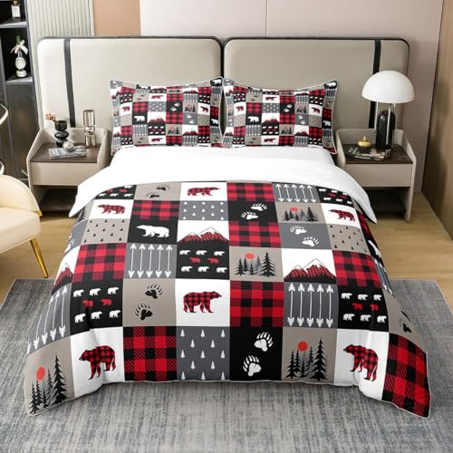 Wild Bear - Juego de funda de edredón 100 % algodón, diseño de animales de caza, silueta de pata de animal de caza, súper suave (sin relleno), diseño rústico de selva, color rojo y negro, 3 piezas,