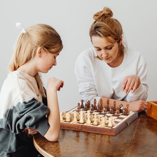 Syrace Folding Hand Crafted Wooden Chess Set Unique Chess Board with Foldable Secure Storage & Exquisite patterns, Travel Chess Sets, Gift For Kids, Adults, Boys, Girls - Image 4