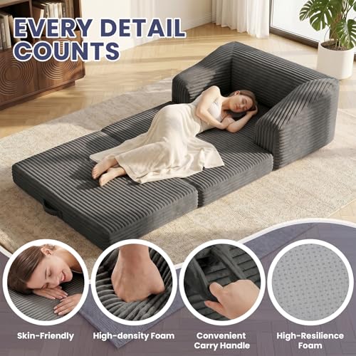 Image of JUIKURY Convertible Sofa Bed, 3-in-1 Foldable Loveseat Couch with Armrest, Corduroy Floor Sofa & Sleeper Bed, No Assembly High-Density Foam Futon Mattress for Living Room, Small Apartment, Dorm