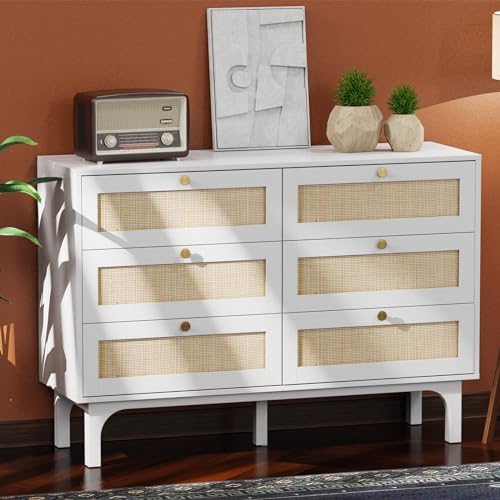 VINGLI Rattan Dresser for Bedroom, Boho Dresser 6 Drawer, Wood Wicker Dressers,Wood Storage Chest of Drawers with Ample Storage, 47.2' W x 15.7' D x 33.5' H, White