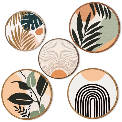 5 Pcs Boho Wall Art Decor Wooden Living Room Wall Decor Bohemian Wall Hanging Decor Farmhouse Geometric Hanging Decor 10” and 8” Aesthetic Wood Minimalist Wall Art for Apartment Bedroom (Boho, Leaf)