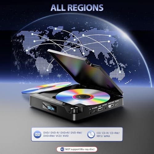 Image of Desobry Mini DVD Player for TV, All Region Free, 1080P HDMI, USB /TF | Compact flip-top design, 1080P HDMI output, USB /TF up to 32GB, PAL /NTSC, HDMI and RCA cables included
