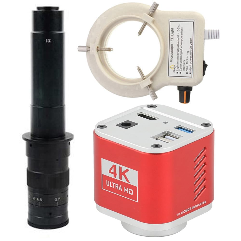 4K 8MP HDMI USB Cámara de medición de microscopio Industrial Grabadora de Video de Almacenamiento en Disco U y Lente de Montaje en C 300X con luz de Anillo Ajustable de 56 LED