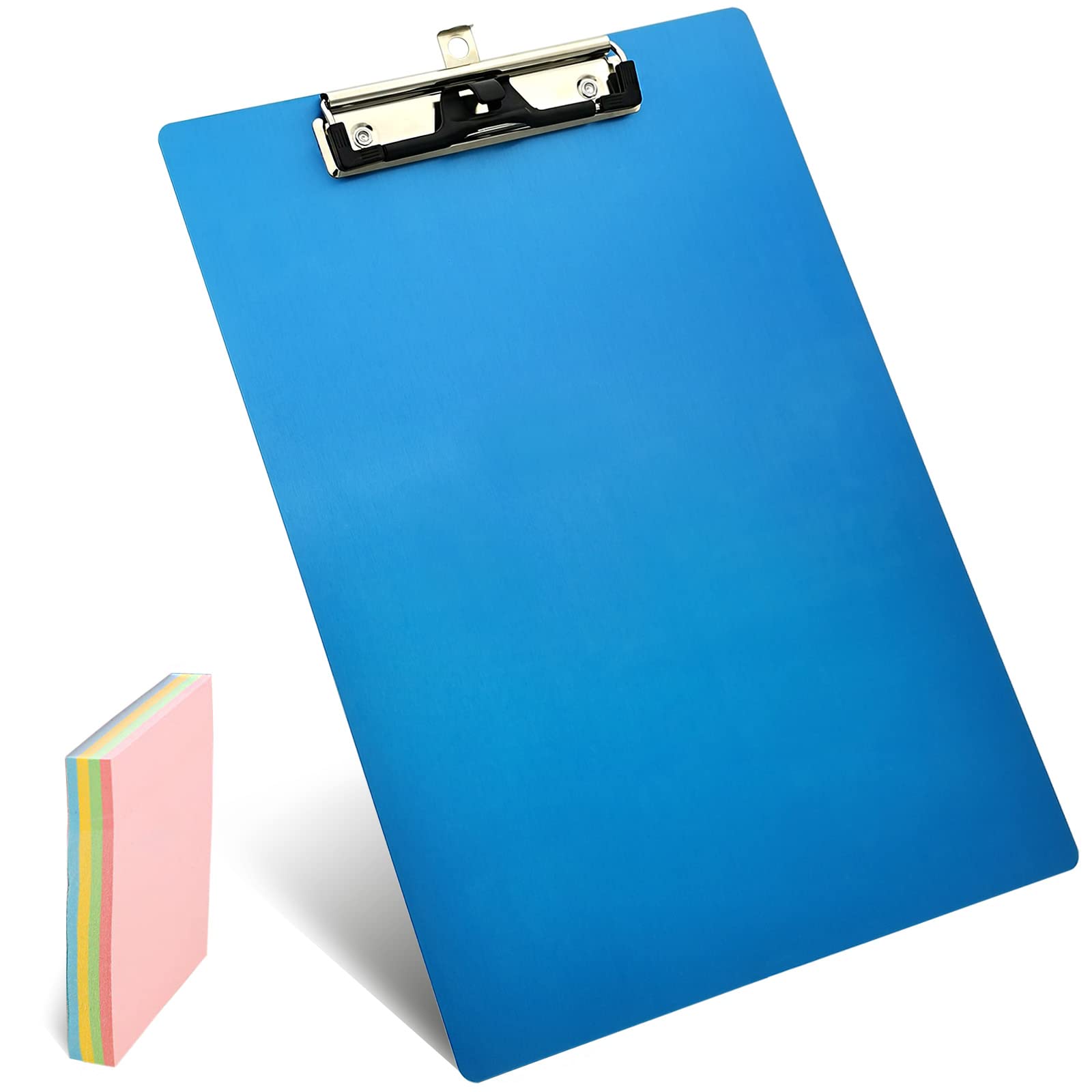Aluminum Metal Clipboard Stainless Hangable Pen Holder Low-Profile Clip Board Size A4 9" x 12.6" with Sticky Note for School Office Business Medical Professionals Workshop Factory (Blue, Aluminum-A4)