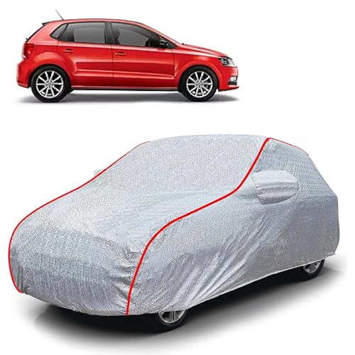 Image of Sulfar 100% Waterproof Car Body Cover Compatible with Mirror for Volkswagen Polo GT (Triple Stitched, Full Bottom Elastic, Magic Silver with Red Piping)