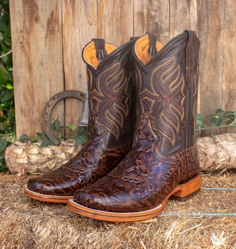 Men's Genuine Leather Handtooled Cincelado Square Toe Dress Cowboy Western Boots4