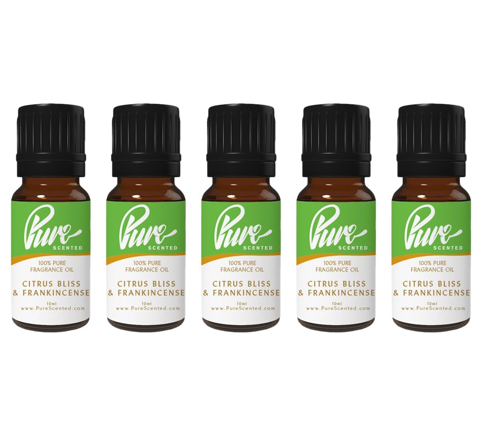Pure Scented 50ml Fragrance Oils - 5 x 10ml Suitable for Candles, Soaps, Slime, Diffusers, Cosmetics, Wax Melts, Designer (5 x 10ml, Citrus Bliss & Frankincense)