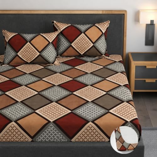 Image of Premium Heavy Cotton Elastic Fitted Bedsheets with 2 King Size Pillow Covers || Double Bed with All Around Elastic 350 TC || 60 x 78 x 8 Inch Queen Size Fitted || :- Multi Box