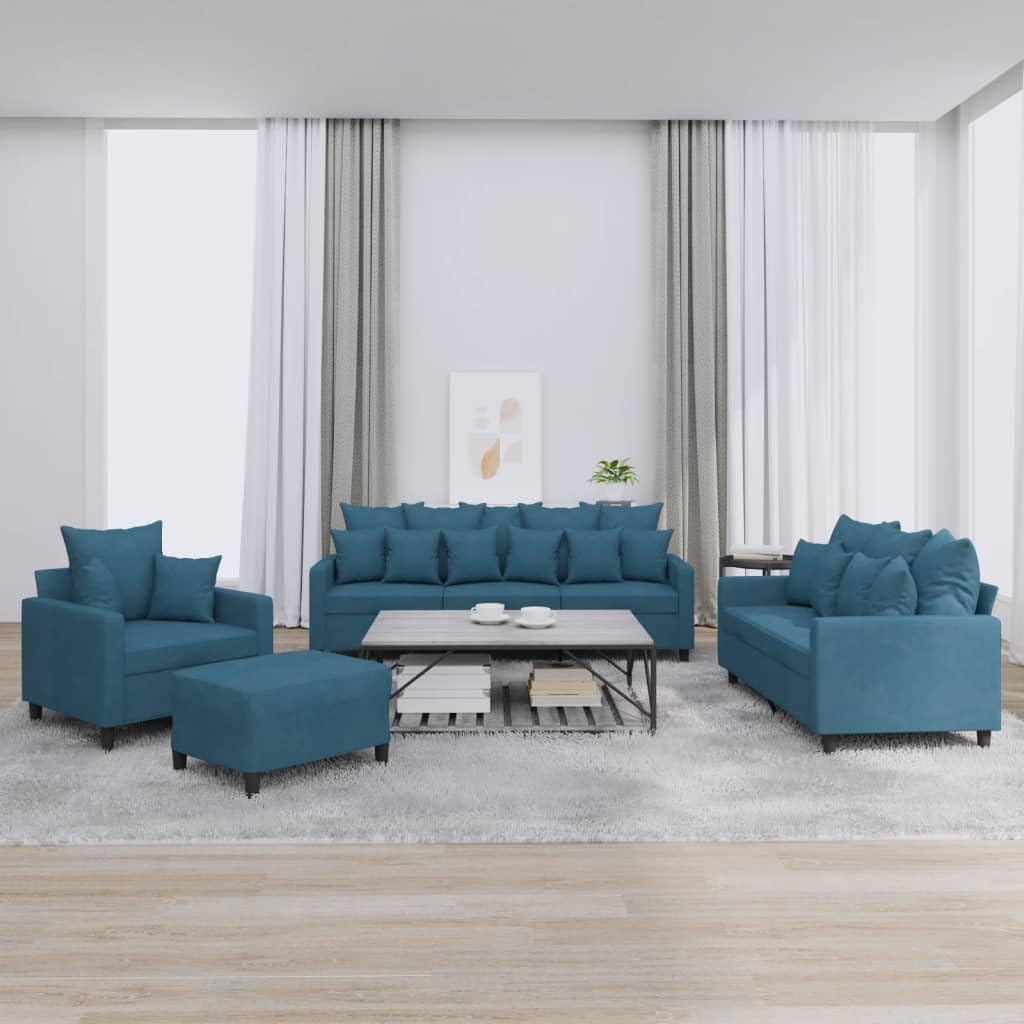 4 Pezzi Divano Divano Blu Velluto 3 Posti 2 Posti Poltrona e Poggiapiedi Set Imbottito per Soggiorno e Camera degli Ospiti Confortevole con Cuscino e Struttura Robusta