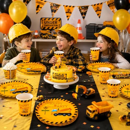Image of Rozi Decoration Construction Theme Birthday Party Supplies Set, 40 Pieces with 10-inch Plates, 8-inch Cups and Napkins, Yellow and Black