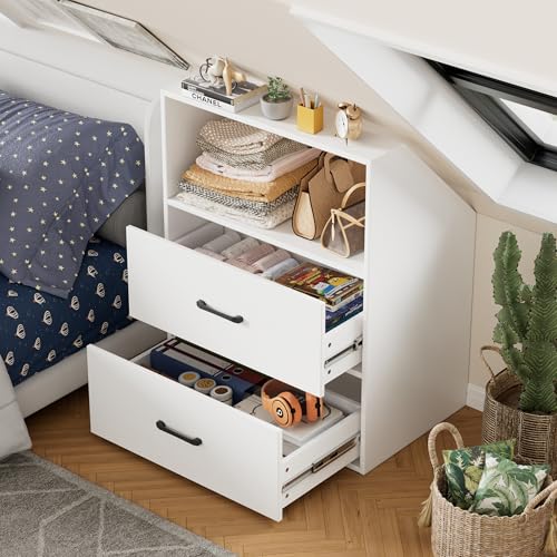 Dachschrägenregal mit 2 Türen Dachschrägenschrank 100x 80x 51.5CM Kleiderschrank mit schräger Wand im Dachgeschoss-Schlafzimmer Bücherregal Weiß in Holz 4-Tier Regal mit 2 Türen für Dachschrägen (B)