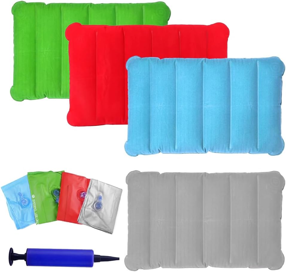 Set of 4 Air Cushions, Car Seat Cushions, Travel Cushion for Camping and Travel, Soft Material, Red, Fruit Green, Light Blue, Grey, 47 x 30 cm