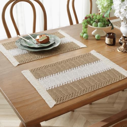 Image of HomeCloud Croshia Woven Table placemat - Heat Resistant, Washable Table Decoration for Dining, Office, Kitchen, Hotel, and Home (Rec Beige White, Set of 1)