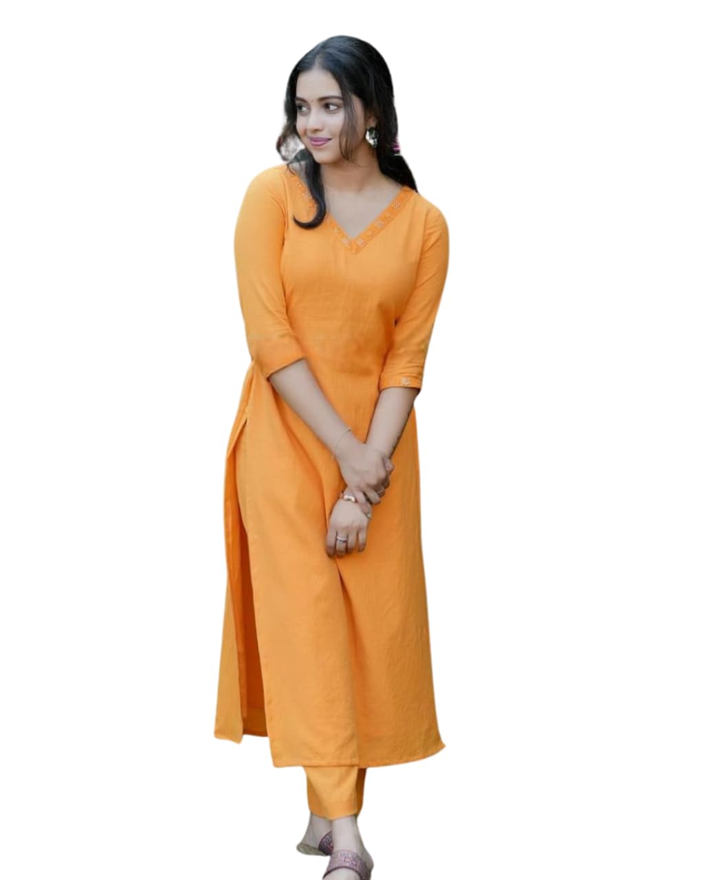 Women's Cotton V-Neck Solid Straight Kurti with Pant-image-26