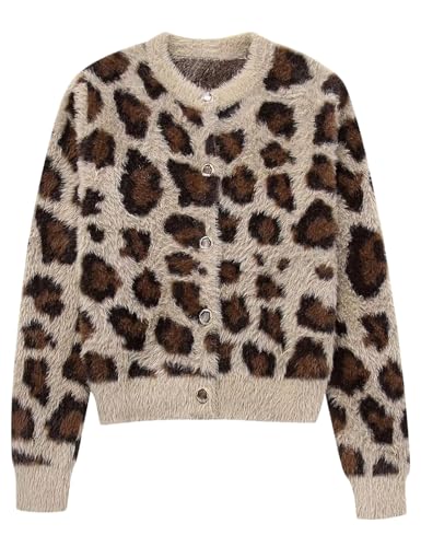 Arssm Womens Leopard Printed Cardigans 2024 Crewneck Printed Fluffy Sweaters Long Sleeve Fuzzy Sweater Knitwear