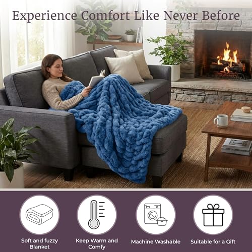 Image of Lavish Home Oversized Ruched Faux Fur Blanket - 60x80-Inch Plush Polyester Faux Fur Queen-Size Throw for Sofas and Beds - Luxurious Bedding (Blue)