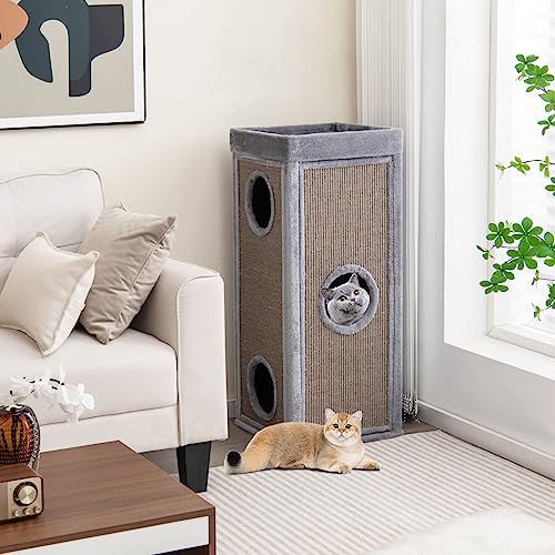 COSTWAY 4-stöckige Kratztonne Katzentonne, Kratzbaum mit Kratzbrett, 3 Katzenhöhlen & Kissen, Spieltonne für Katzen bis 25 kg, Katzenkratzbaum mit Höhlen, Katzenhaus Katzenmöbel, 40 x 40 x 99 cm, Grau