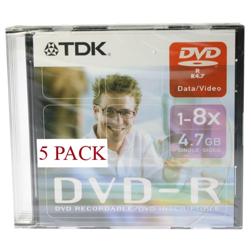 TDK DVD-R Grabable, 4.7 GB, Velocidad 1-8x, Un Solo Lado, para Datos y Video, Pack de 5 Unidades en Caja Slim