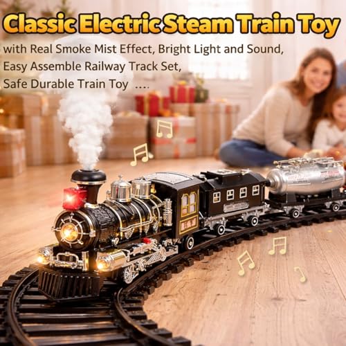 Image of Classical Electric Train Set for Boys - 16 Piece Railway Track Train Set with Light, Sound & Real Smoke Effect - Rechargeable Battery Operated Steam Engine Train Toy with Classic Track Gift