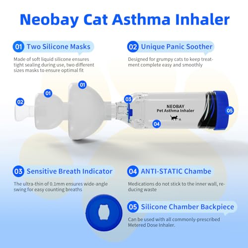 Image of Neobay Cat Inhaler Spacer with Unique Panic Soother Training Aid & Sensitive Flow Breathe Indicator - Feline Aerosol Chamber for Cats with a Respiratory Condition - Includes 2 Masks (Small /Med) Blue
