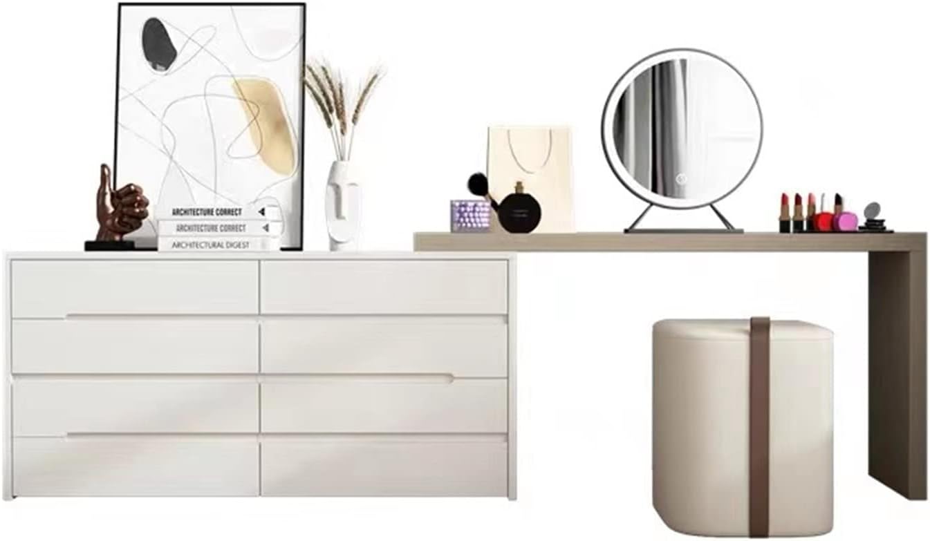 Vanity Dressing Table Set Luxury Makeup Bench with 3 Colors Led Hd Mirror,Comfortable Stool Drawers Cabinet,Modern Simple Style,for Girl's Gift (Size : 140cm) ()