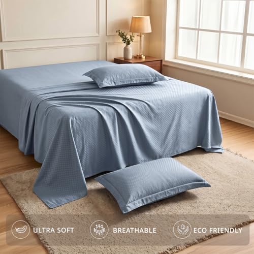 Image of LANE LINEN 400TC 100% Cotton Micro Check King Size Bedsheet - French Blue | OEKO-Tex Certified, 108 x 108 Inch, Fits King & Double Size Bed, Breathable & Wrinkle-Free, Includes 2 Pillow Covers