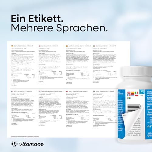 Ägyptisches Schwarzkümmelöl mit Vitamin E, 240 vegane Kapseln, Komplex mit 1010 mg pro Tag (Nigella sativa), Kaltgepresst, Hochdosiert, Sorgfältig Laborgeprüft, Produziert in Deutschland.