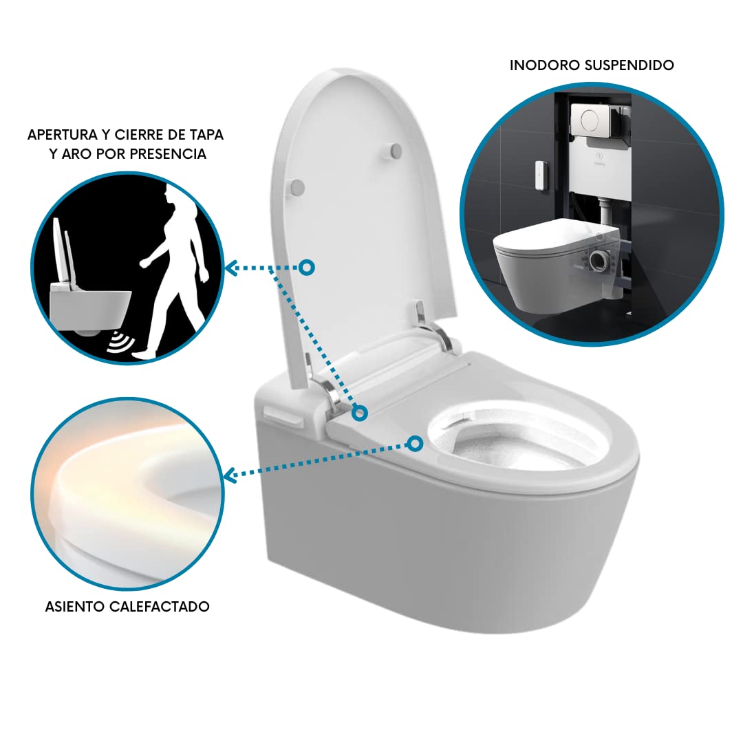 Nashi EOS Pro - Inodoro Japonés Suspendido de Pared | App Movil | Universal: se adapta a cualquier bastidor | Luz Nocturna | Asiento Calefactable, Agua Caliente y Secado | WC Japones Inteligente