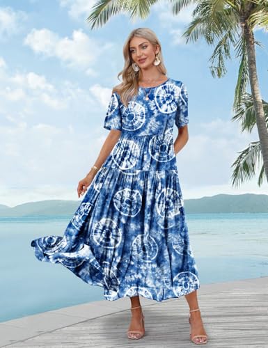 Image of YESNO Women Casual Loose Bohemian Floral Dress with Pockets Short Sleeve Long Maxi Summer Beach Swing Dress EJF
