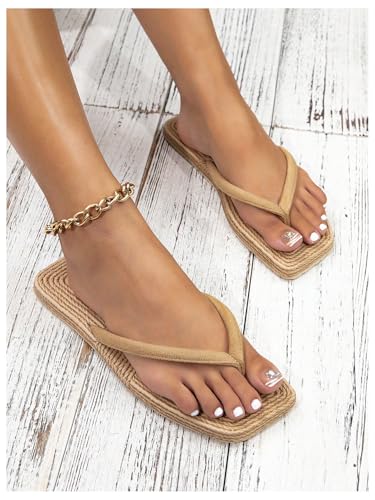 GORGLITTER Women's Square Toe Flip Flops Straw Crochet Flat Sandals Boho Beach Summer Vacation 2025 Slide Shoes3