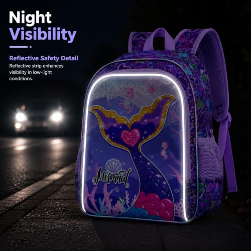 Image of 16 inch Mermaid Backpack for Girls, 3Pcs Kids Fish Tail Backpacks with Lunch Box, School Bookbag for Elementary Preschool Kindergarten(Purple)