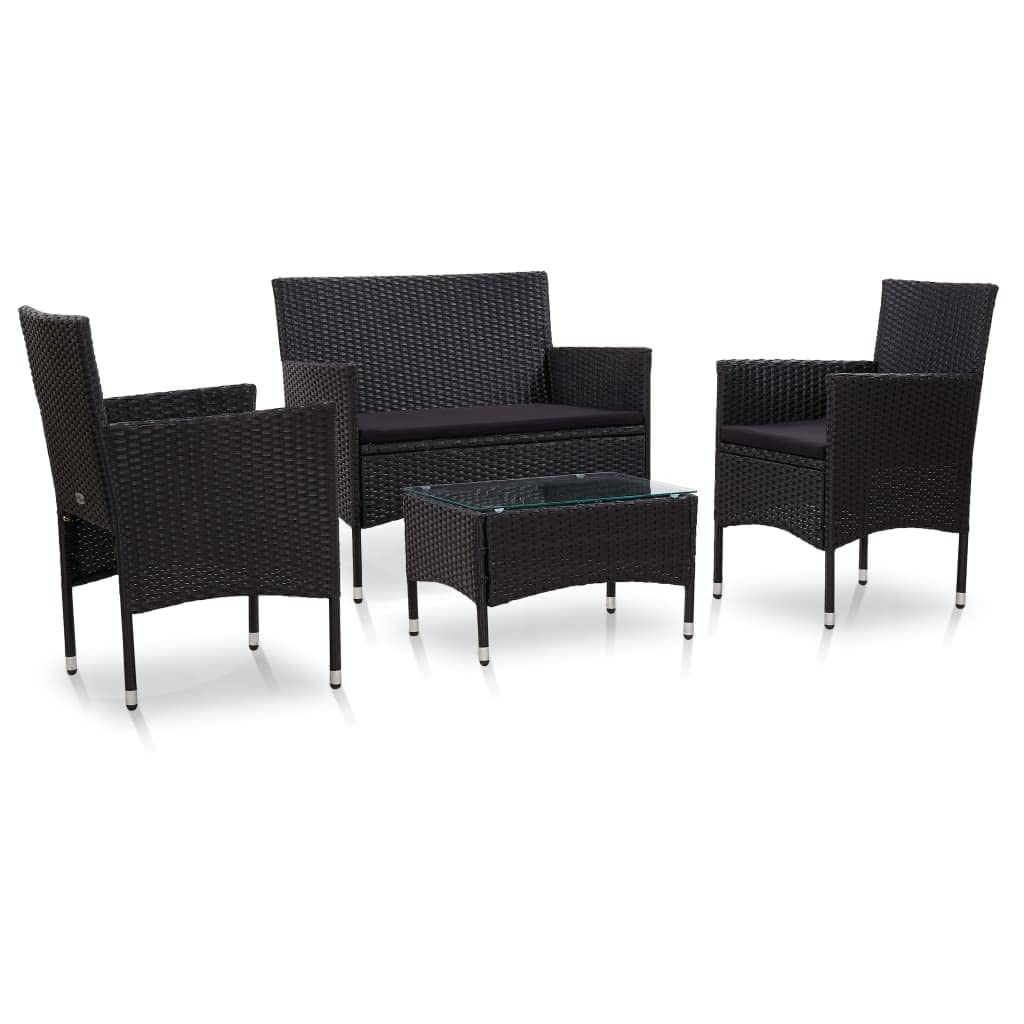 4-Piece Garden Sofa Set with Removable Cushion Covers, Black PE Rattan Outdoor Furniture Set Including Armchairs, Two-Seater Sofa and Coffee Table for Patio,