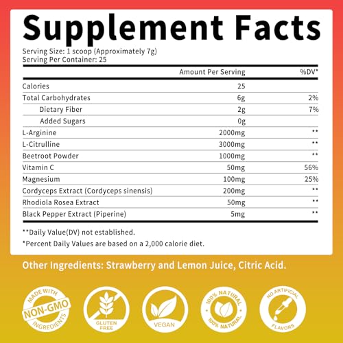 Image of Nitric Oxide Supplement - 180g Nitric Oxide Powder with Beetroot Powder, L-Arginine & L-Citrulline - Energy Support for Women & Men - Strawberry Lemon Flavor - 25 Days Supply