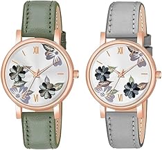 AR Group Stylish Analog Flowered Dial Watch for Women & Girls Trendy Quartz Wristwatch for Casual & Formal Wear Perfect for Ladies Fashion Accessory with Elegant Design(Green,Grey-Pack of 2)