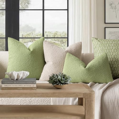 Image of Foindtower Pack of 2, Decorative Textured Boucle Throw Pillow Covers Accent Solid Pillow Cases Cozy Soft Couch Cushion Case for Chair Sofa Bedroom Living Room Home Decor 22x22 Inch Lime Green