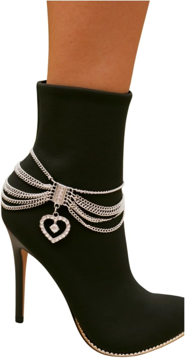 Women Silver Metal Boot Chain Bracelet Shoe Anklet Fashion Jewelry Accessory Love Heart 2 Pcs Pair