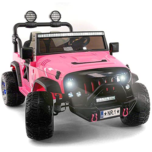 Two (2) Seater Ride On Kids Car Truck w/Remote | Large 12V Battery Licensed Kid Car to Drive 3 Speeds, Leather Seat, MP3 Music by Bluetooth, FM Radio, Rubber Tires in Hot Pink