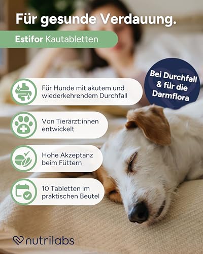 NutriLabs ESTIFOR Kautabletten für Hunde 10 Stück - Mit Bentonit, Kamille & Natriumkarbonat - Unterstützt Verdauung & Darmflora - bei akutem Durchfall - Nahrungsergänzung für Hunde.
